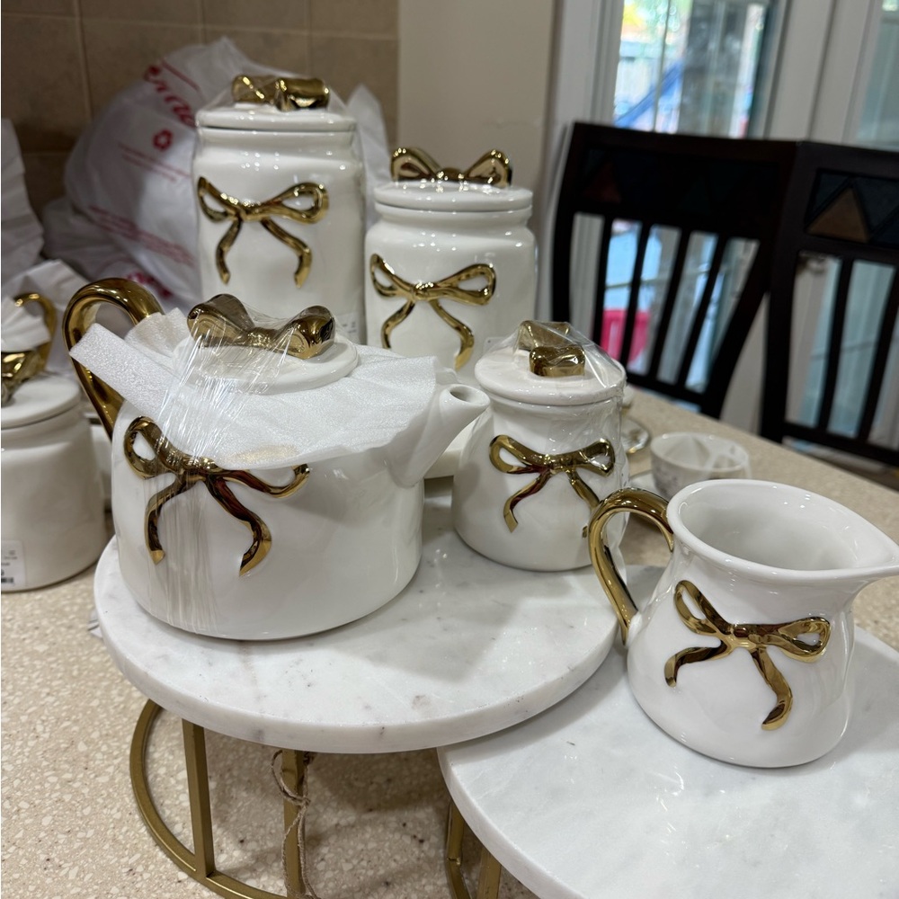 Elegant White and Gold Bow Ceramic Tea Set